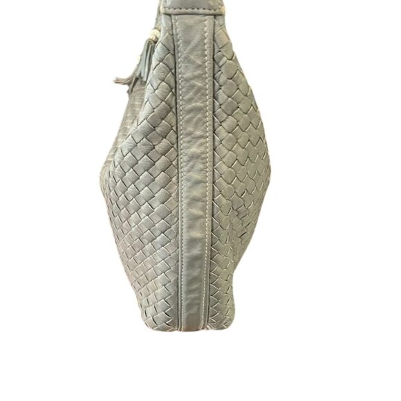 Ganson Metallic Pewter Gray Woven Leather Crossbody Bag With Tassels - Picture 3 of 6